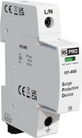 RS PRO Single Phase Industrial Surge Protector, 50kA, 1.25kV, DIN Rail Mount [0]; 101-800