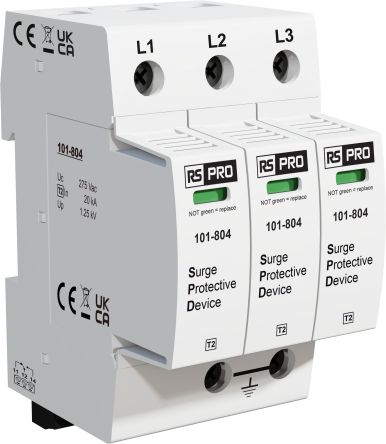RS PRO Three Phase Industrial Surge Protector, 50kA, 1.25kV, DIN Rail Mount [0]; 101-804