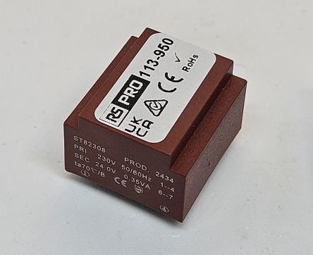 RS PRO 24V ac 1 Output PCB Mount PCB Transformer, 0.35VA, IEC 61558-2-6 [0]; 113-950