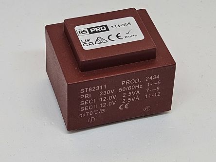 RS PRO 2x12V ac 1 Output PCB Mount PCB Transformer, 5VA, IEC 61558-2-6 [0]; 113-955