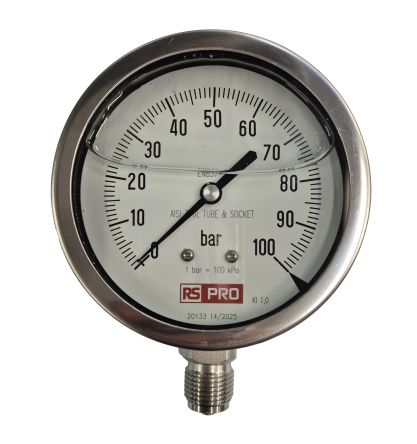 RS PRO BSP 1/2in Analogue Pressure Gauge 100bar Bottom Entry 100mm Outside Diameter [0]; 152-286