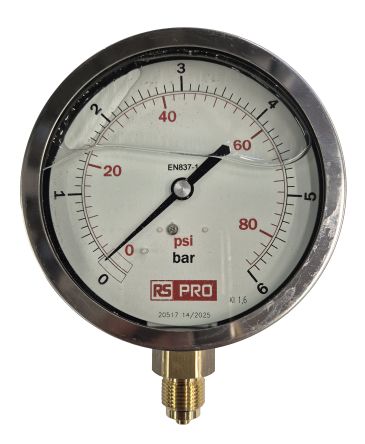RS PRO BSP 3/8 Analogue Pressure Gauge 6bar Bottom Entry 100mm Outside Diameter [0]; 152-288