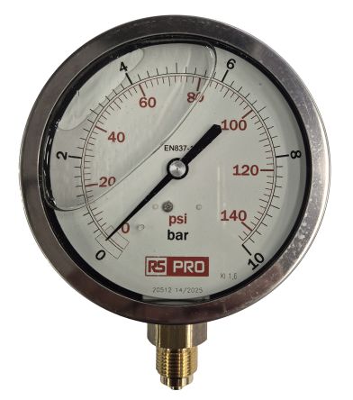 RS PRO BSP 3/8 Analogue Pressure Gauge 10bar Bottom Entry 100mm Outside Diameter [0]; 152-289