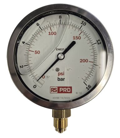 RS PRO BSP 3/8 Analogue Pressure Gauge 16bar Bottom Entry 100mm Outside Diameter [0]; 152-290
