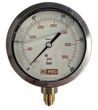 RS PRO BSP 3/8 Analogue Pressure Gauge 25bar Bottom Entry 100mm Outside Diameter [0]; 152-291
