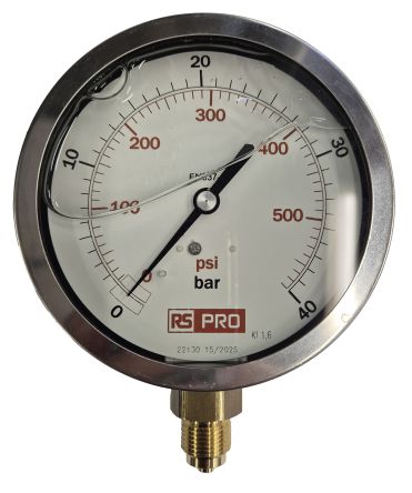 RS PRO BSP 3/8 Analogue Pressure Gauge 40bar Bottom Entry 100mm Outside Diameter [0]; 152-292