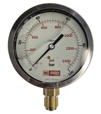 RS PRO BSP 1/2in Analogue Pressure Gauge 100bar Bottom Entry 100mm Outside Diameter [0]; 152-294