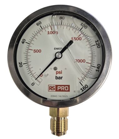 RS PRO BSP 1/2in Analogue Pressure Gauge 160bar Bottom Entry 100mm Outside Diameter [0]; 152-295