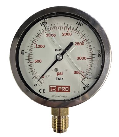 RS PRO BSP 1/2in Analogue Pressure Gauge 250bar Bottom Entry 100mm Outside Diameter [0]; 152-296
