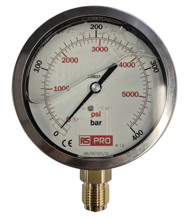 RS PRO BSP 1/2in Analogue Pressure Gauge 400bar Bottom Entry 100mm Outside Diameter [0]; 152-297