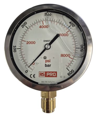 RS PRO BSP 1/2in Analogue Pressure Gauge 600bar Bottom Entry 100mm Outside Diameter [0]; 152-298