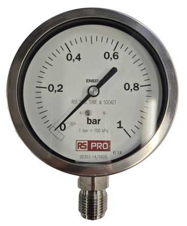 RS PRO BSP 1/2in Analogue Pressure Gauge 1bar Bottom Entry 100mm Outside Diameter [0]; 152-301