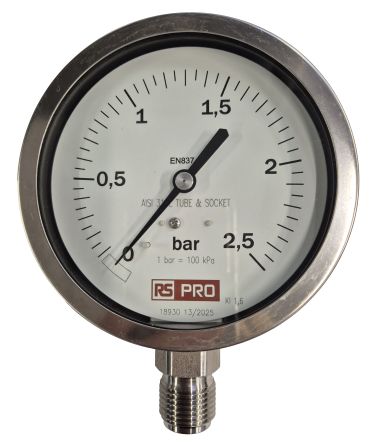 RS PRO BSP 1/2in Analogue Pressure Gauge 2.5bar Bottom Entry 100mm Outside Diameter [0]; 152-302