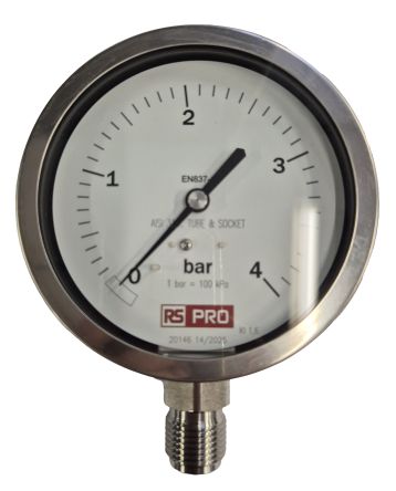 RS PRO BSP 1/2in Analogue Pressure Gauge 4bar Bottom Entry 100mm Outside Diameter [0]; 152-304
