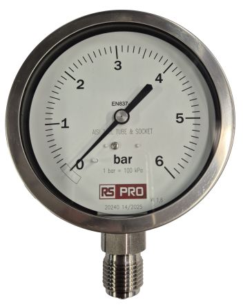 RS PRO BSP 1/2in Analogue Pressure Gauge 6bar Bottom Entry 100mm Outside Diameter [0]; 152-305