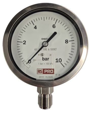 RS PRO BSP 1/2in Analogue Pressure Gauge 10bar Bottom Entry 100mm Outside Diameter [0]; 152-307