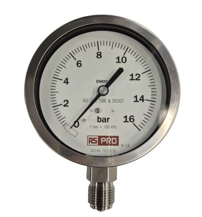 RS PRO BSP 1/2in Analogue Pressure Gauge 16bar Bottom Entry 100mm Outside Diameter [0]; 152-308