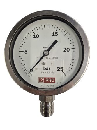RS PRO BSP 1/2in Analogue Pressure Gauge 25bar Bottom Entry 100mm Outside Diameter [0]; 152-309