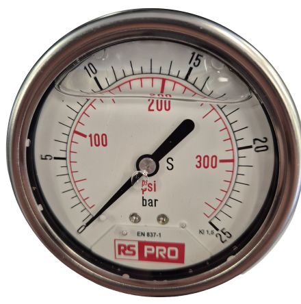 RS PRO BSP 1/4 Analogue Pressure Gauge 25bar Bottom Entry 63mm Outside Diameter [0]; 179-975