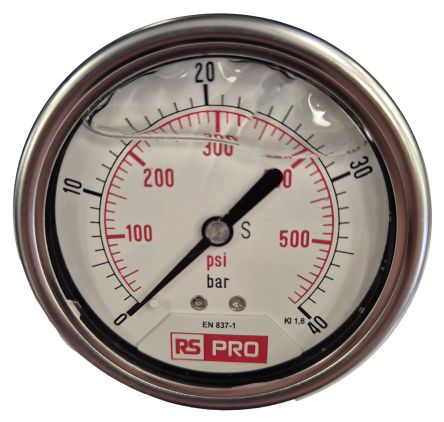 RS PRO BSP 1/4 Analogue Pressure Gauge 40bar Bottom Entry 63mm Outside Diameter [0]; 179-977