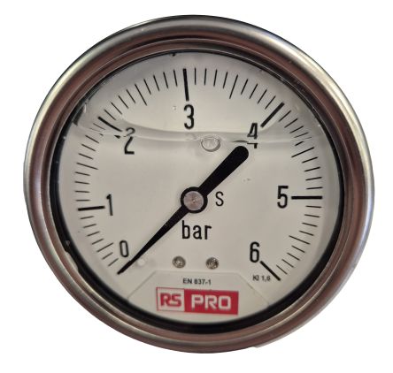 RS PRO BSP 1/4 Analogue Pressure Gauge 6bar Bottom Entry 63mm Outside Diameter [0]; 179-984