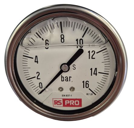 RS PRO BSP 1/4 Analogue Pressure Gauge 16bar Bottom Entry 63mm Outside Diameter [0]; 179-987