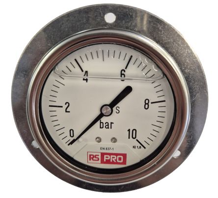 RS PRO BSP 1/4 Analogue Pressure Gauge 10bar Bottom Entry 63mm Outside Diameter [0]; 179-990