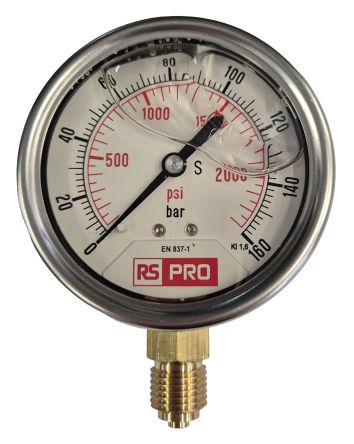 RS PRO BSP 1/4 Analogue Pressure Gauge 160bar Bottom Entry 63mm Outside Diameter [0]; 179-996