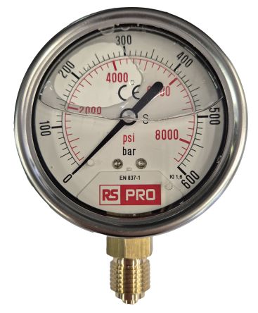 RS PRO BSP 1/4 Analogue Pressure Gauge 600bar Bottom Entry 63mm Outside Diameter [0]; 179-997