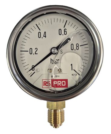RS PRO BSP 1/4 Analogue Pressure Gauge 1bar Bottom Entry 63mm Outside Diameter [0]; 179-999