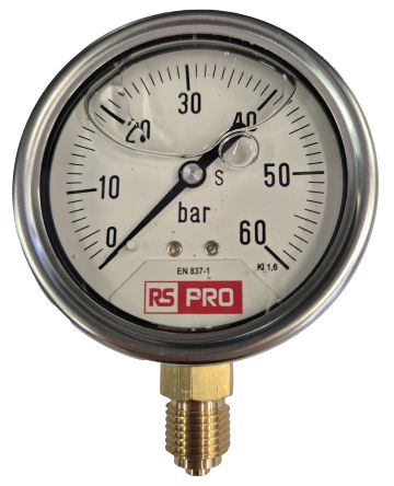 RS PRO BSP 1/4 Analogue Pressure Gauge 60bar Bottom Entry 63mm Outside Diameter [0]; 180-003