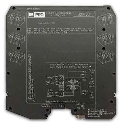 RS PRO 5 A NE/ND Loads with Line Fault Detection 20 Auxiliary Contacts Safety Relay 24V dc, Single Channel [0]; 329-100