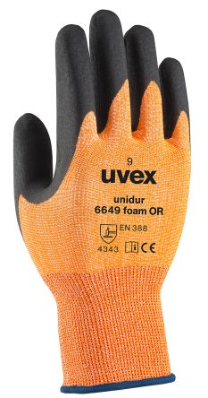 uvex unidur 6649 foam OR Orange HPPE Cut Resistant Work Gloves, Size 10, Nitrile Foam Coating [6096610]; 128-8448