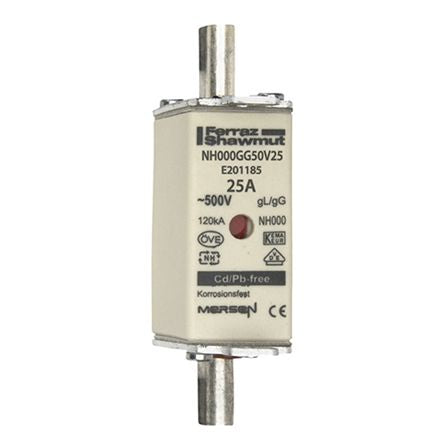 Mersen 25A NH Fuse, NH000, 500V ac [E201185C / NH000GG50V25/3]; 136-0558