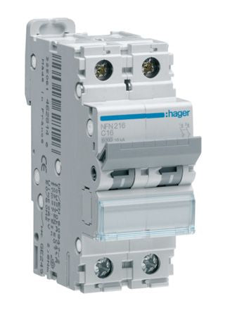 Hager NFN MCB, 2P, 16A Curve C, 240 → 400V AC, 10 kA Breaking Capacity [NFN216]; 144-4713