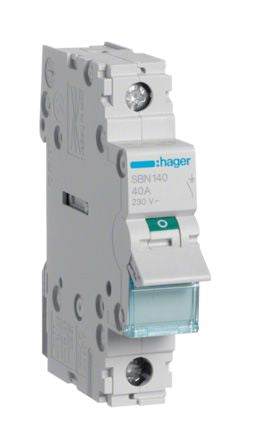 Hager 1P Pole Isolator Switch - 40A Maximum Current, IP20 [SBN140]; 144-4811