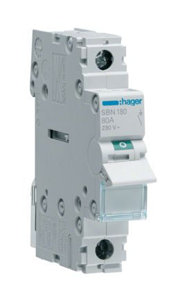 Hager 1P Pole Isolator Switch - 80A Maximum Current, IP20 [SBN180]; 144-4812