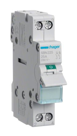 Hager 2P Pole Isolator Switch - 25A Maximum Current, IP20 [SBN225]; 144-4814