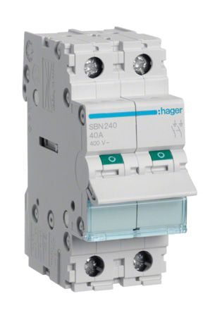 Hager 2P Pole Isolator Switch - 40A Maximum Current, IP20 [SBN240]; 144-4815