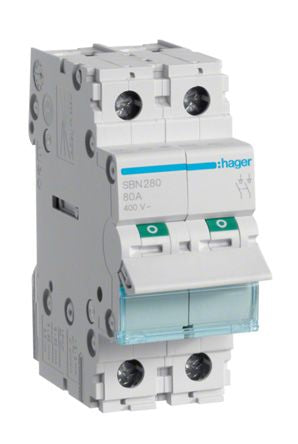 Hager 2P Pole Isolator Switch - 80A Maximum Current, IP20 [SBN280]; 144-4816