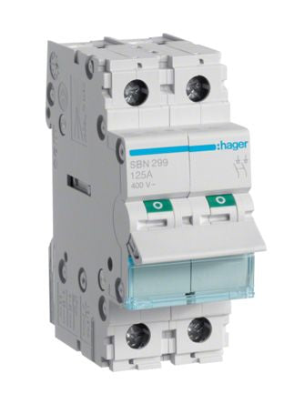 Hager 2P Pole Isolator Switch - 125A Maximum Current, IP20 [SBN299]; 144-4817