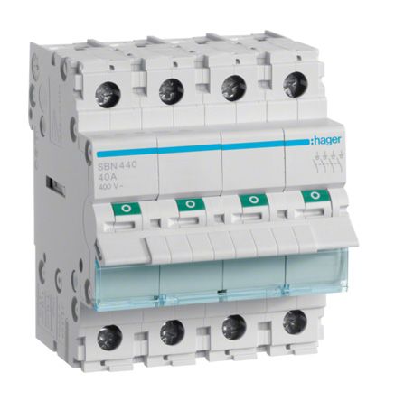 Hager 4P Pole Isolator Switch - 40A Maximum Current, IP20 [SBN440]; 144-4823