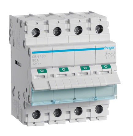 Hager 4P Pole Isolator Switch - 80A Maximum Current, IP20 [SBN480]; 144-4824