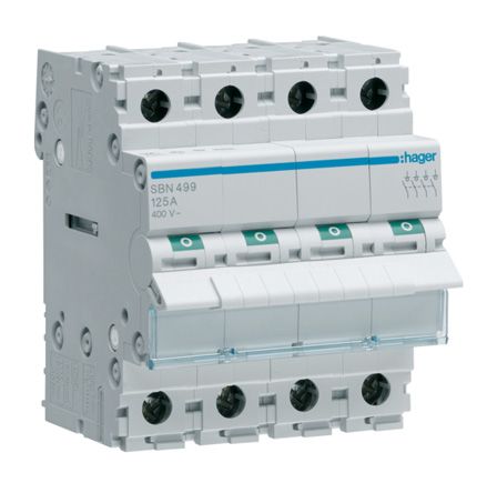 Hager 4P Pole Isolator Switch - 125A Maximum Current, IP20 [SBN499]; 144-4825