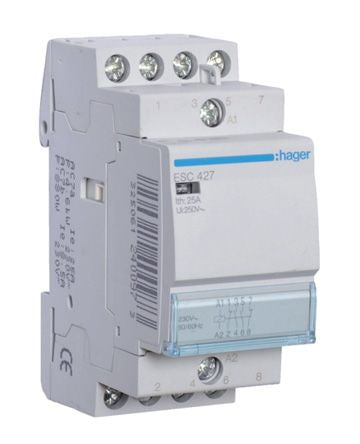 Hager System M Pro ESC Contactor, 230 V ac Coil, 4-Pole, 25 A, 3.4 VA, 2NO + 2NC, 230 V ac [ESC427]; 144-4910