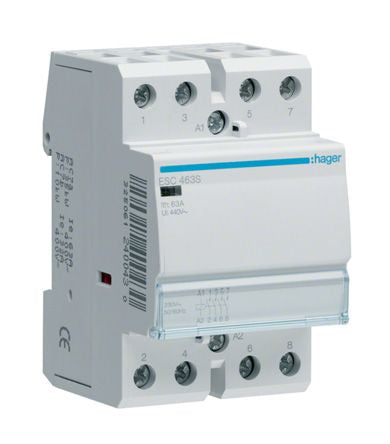 Hager System M Pro ESC Contactor, 230 V ac Coil, 4-Pole, 63 A, 6.5 kW, 4NO, 400 V ac [ESC463S]; 144-4916