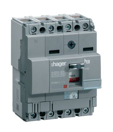 Hager MCCB 4P 40A, Breaking Capacity 25 kA, DIN Rail Mount [HHA041H]; 144-4934