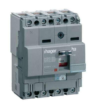 Hager MCCB 4P 160A, Breaking Capacity 25 kA, DIN Rail Mount [HHA161H]; 144-4936