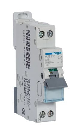 Hager MJT MCB, 2P, 16A Curve C, 240 → 400V AC, 6 kA Breaking Capacity [MJT716]; 144-4950