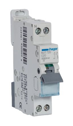 Hager MJT MCB, 2P, 20A Curve C, 240 → 400V AC, 6 kA Breaking Capacity [MJT720]; 144-4951